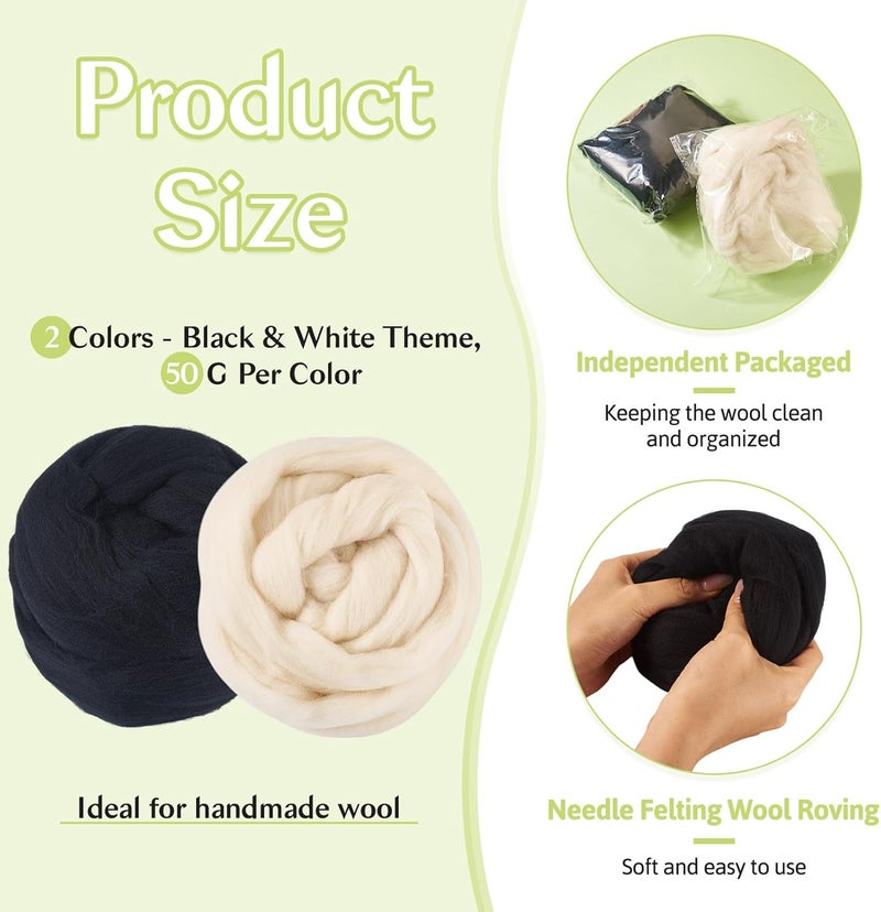 Boutigem 100G Black White Wool Roving for Needle Felting, Soft Chunky Wool Yarn, Spinning Wool Roving for Beginners DIY Handmade Crafts Animal Weaving Blending Needle Felting Supplies - Image 2